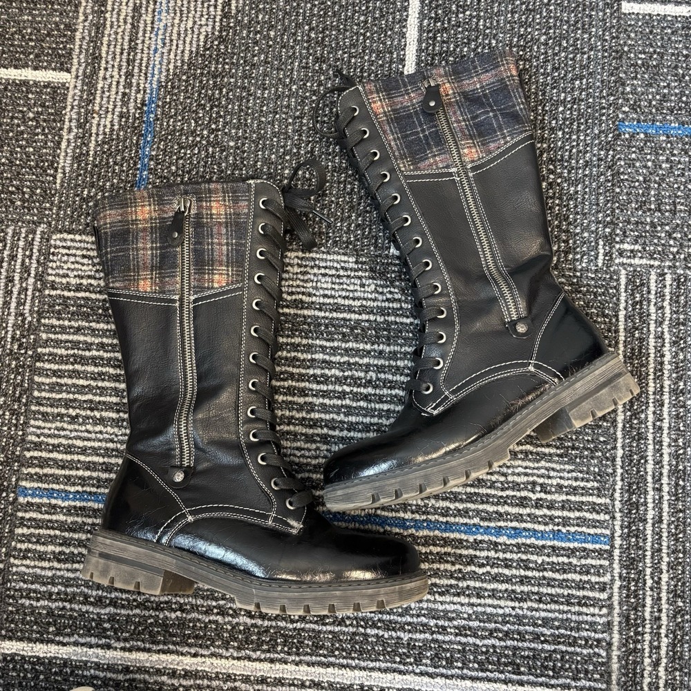 PATRIZIA CHICKEZE TALL BOOTS By Spring Step Lace And Zip Up Black Plaid